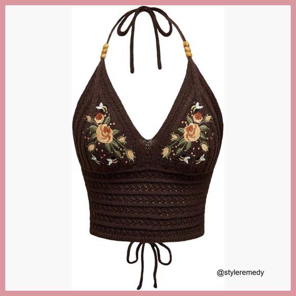 Tops - Viscose Halter Neck Crop Tank Top with Beaded Embroidery